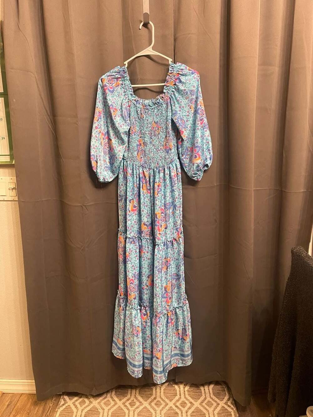 Me 2 Magic Geometric Square Neckline Long Sleeve Bohemian Style Maxi Dress